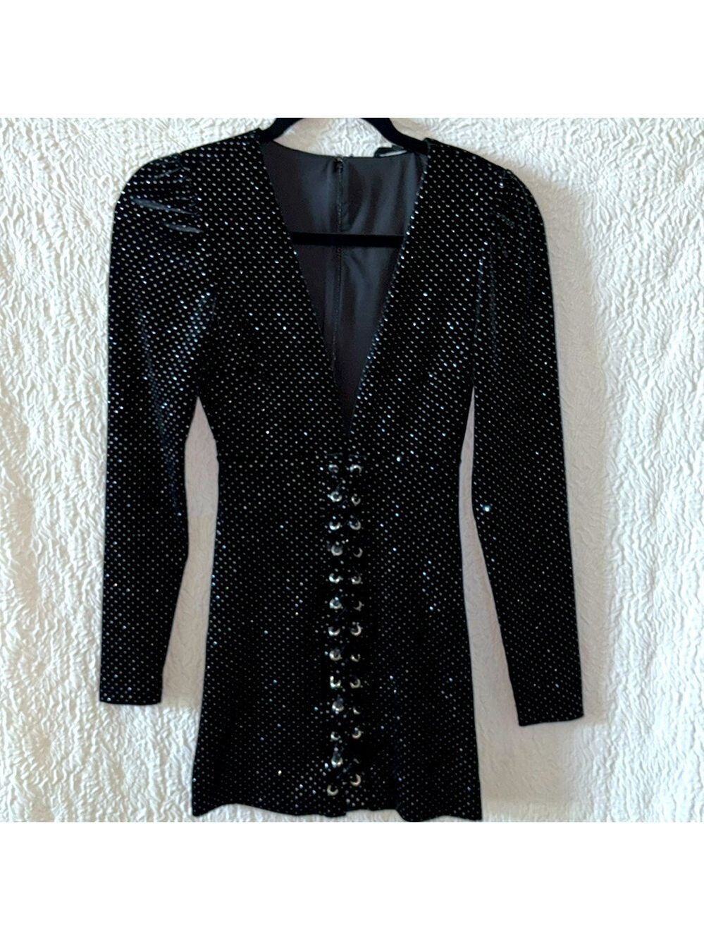 H:OURS by Revolve Shimmering Velvet Lace-Up Deep V-Neck Long Sleeve Mini Dress